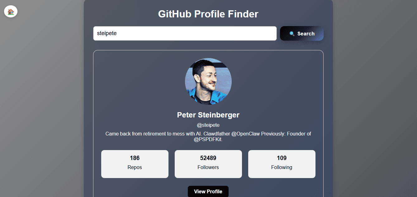 GitHub Finder profile discovery screen